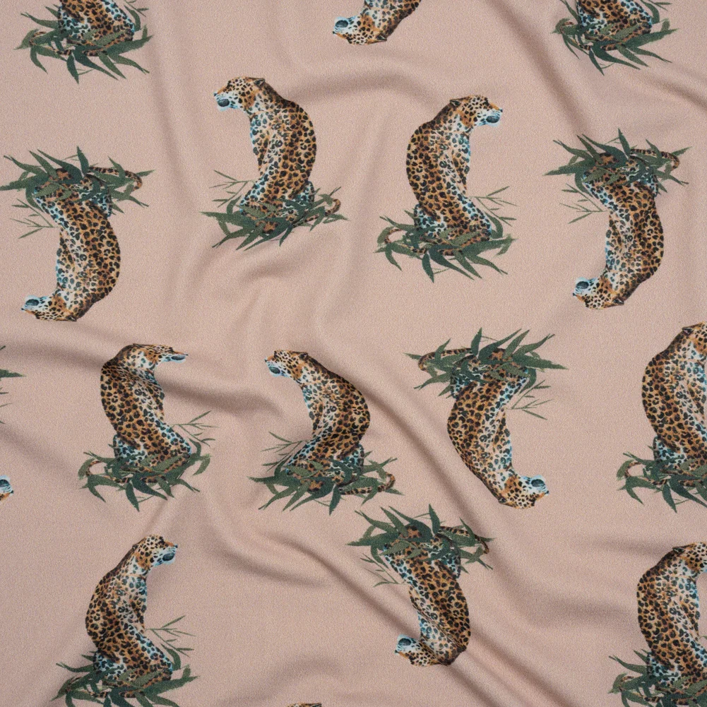 Image of Stretch Nylon Swimwear Tricot - Beige, Brown and Green Leopard in Leaves - Designer Deadstock