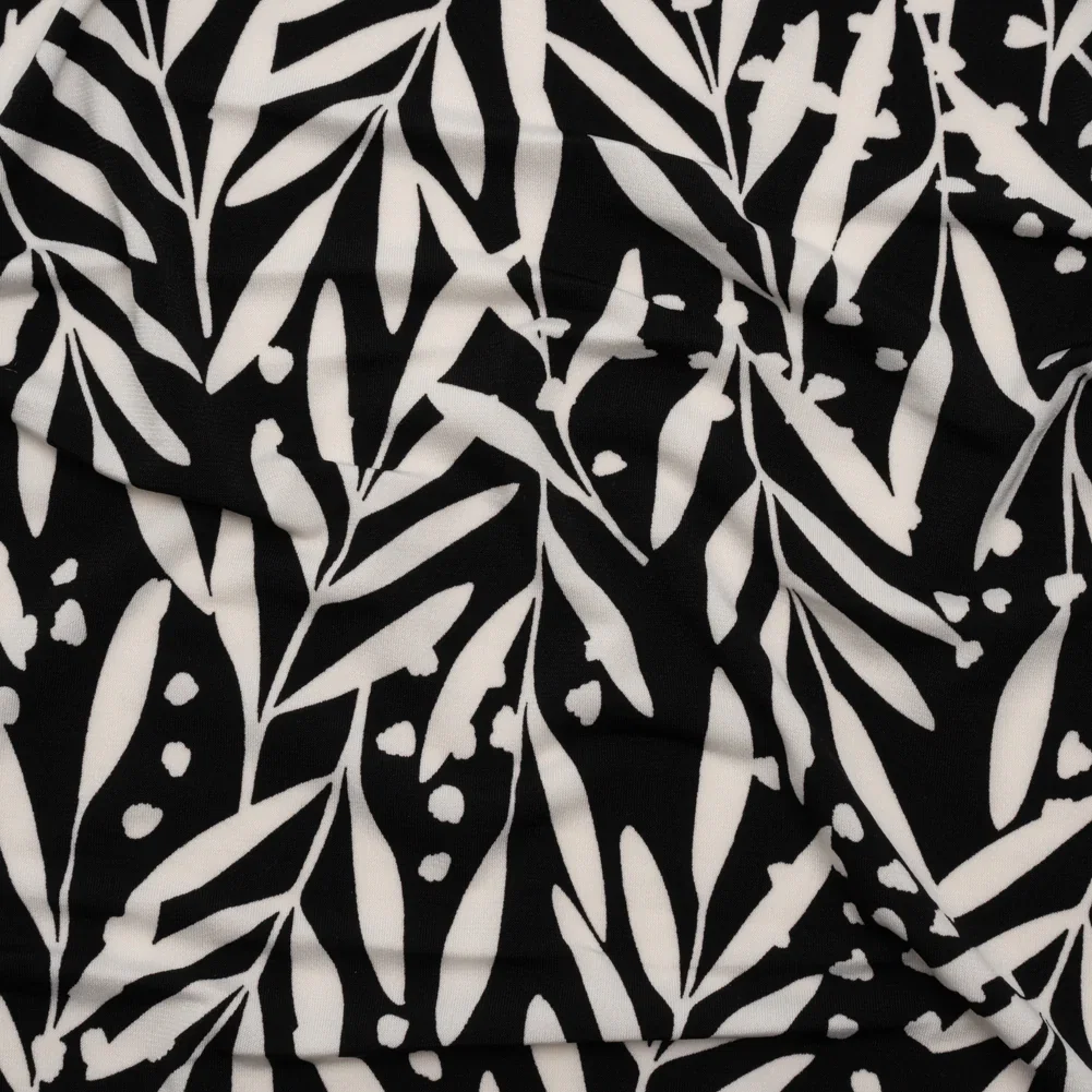 Image of Stretch Polyester Tricot - Black and White Leafy Stems - Designer Deadstock