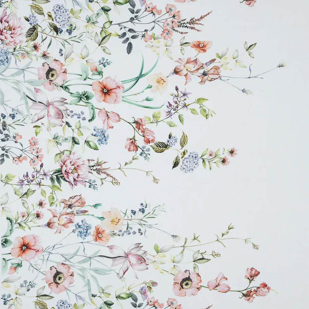 Image of Stretch Cotton Sateen - White Floral Border - La Marche des Fleurs Print - Mood Exclusive Jacques Collection