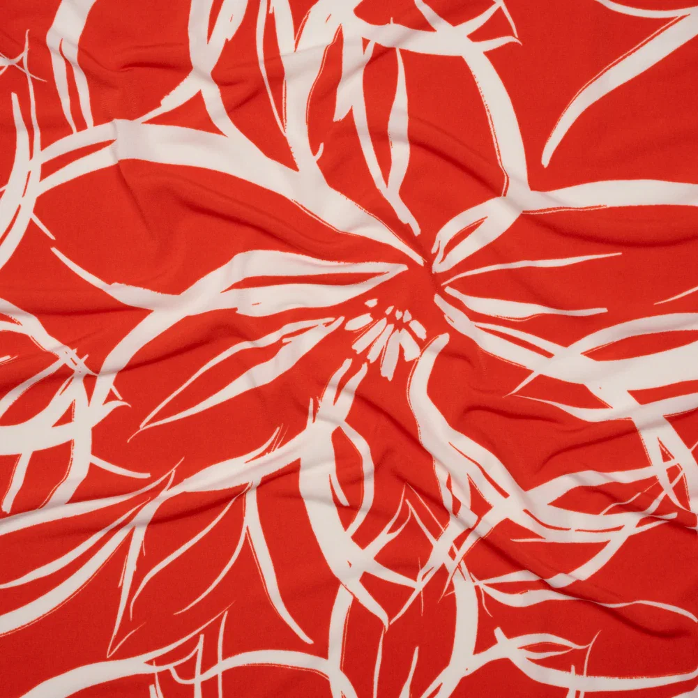 Image of Stretch Polyester Tricot - Orange Red and White Flowers and Leaves - Designer Deadstock