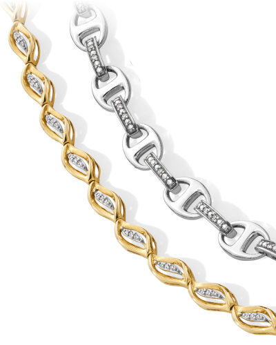 Yellow gold and white gold marquise link necklaces with diamond accents and pavé details.