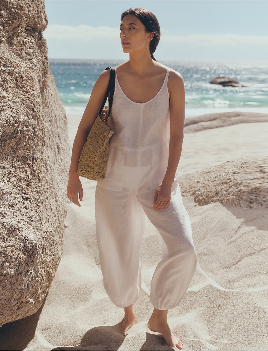 linen scoop neck jumpsuit with elasticated cuffs