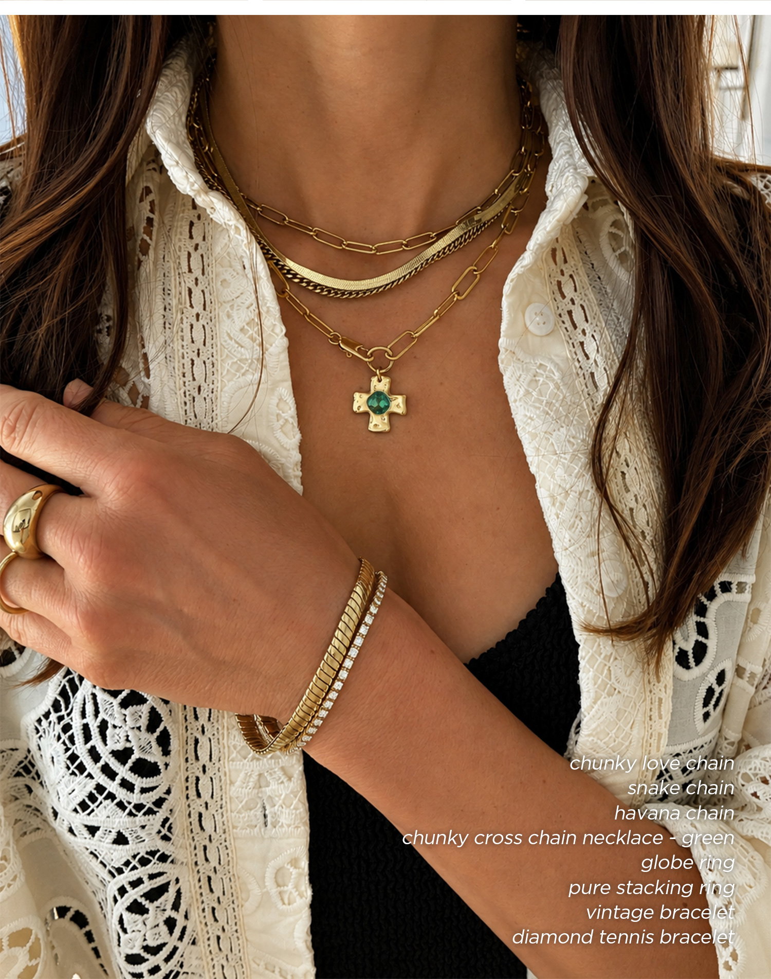chunky love chain | snake chain | havana chain | chunky cross chain necklace - green | globe ring | pure stacking ring | vintage bracelet | diamond tennis bracelet