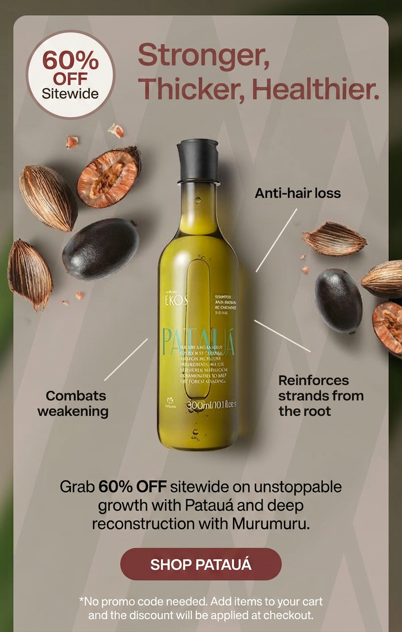 Image about 60% off hair products, featuring a shampoo bottle of Patauá and ingredients.