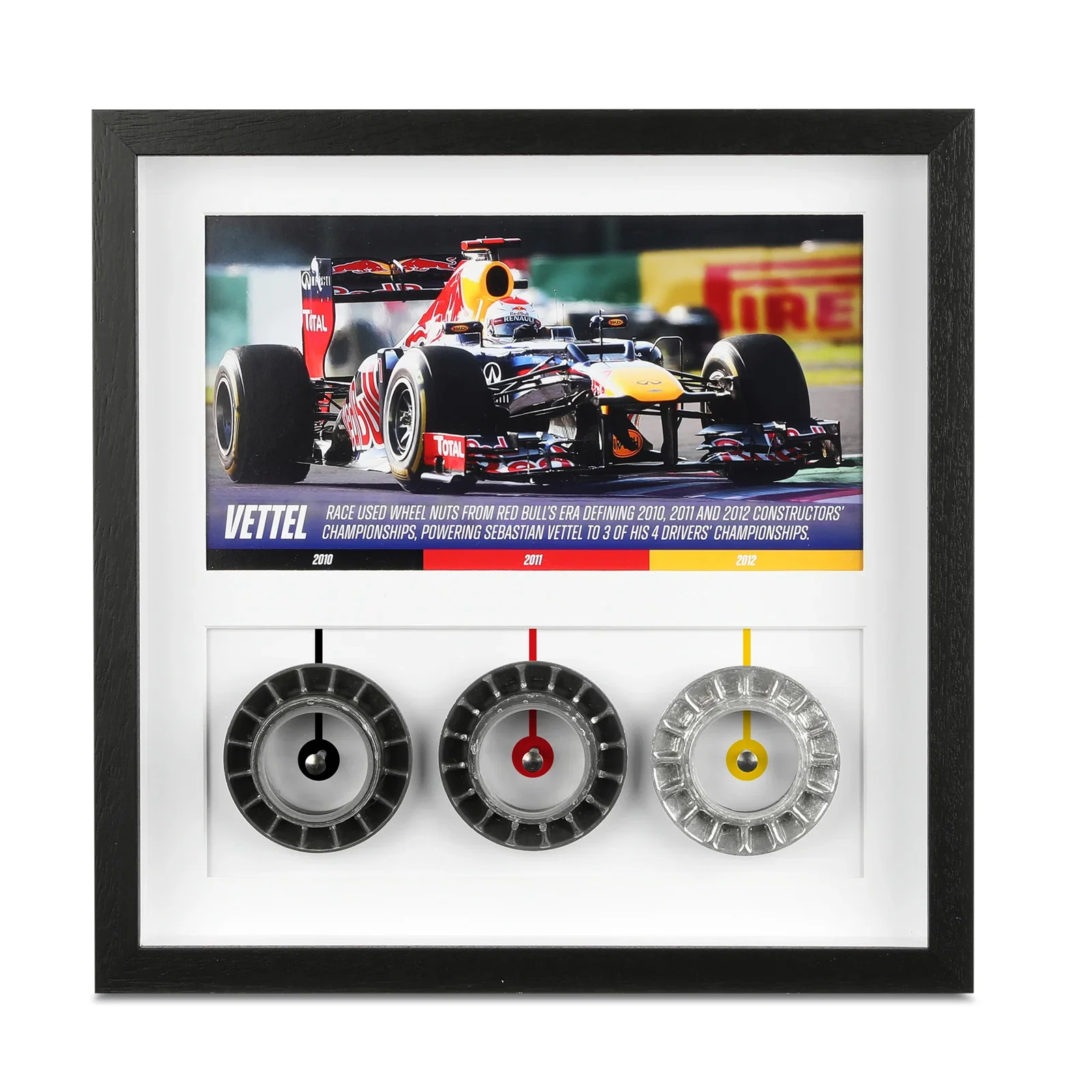 Image of Auction LOT 025 - Sebastian Vettel Framed Grand Prix Used Red Bull Racing Wheel Nuts