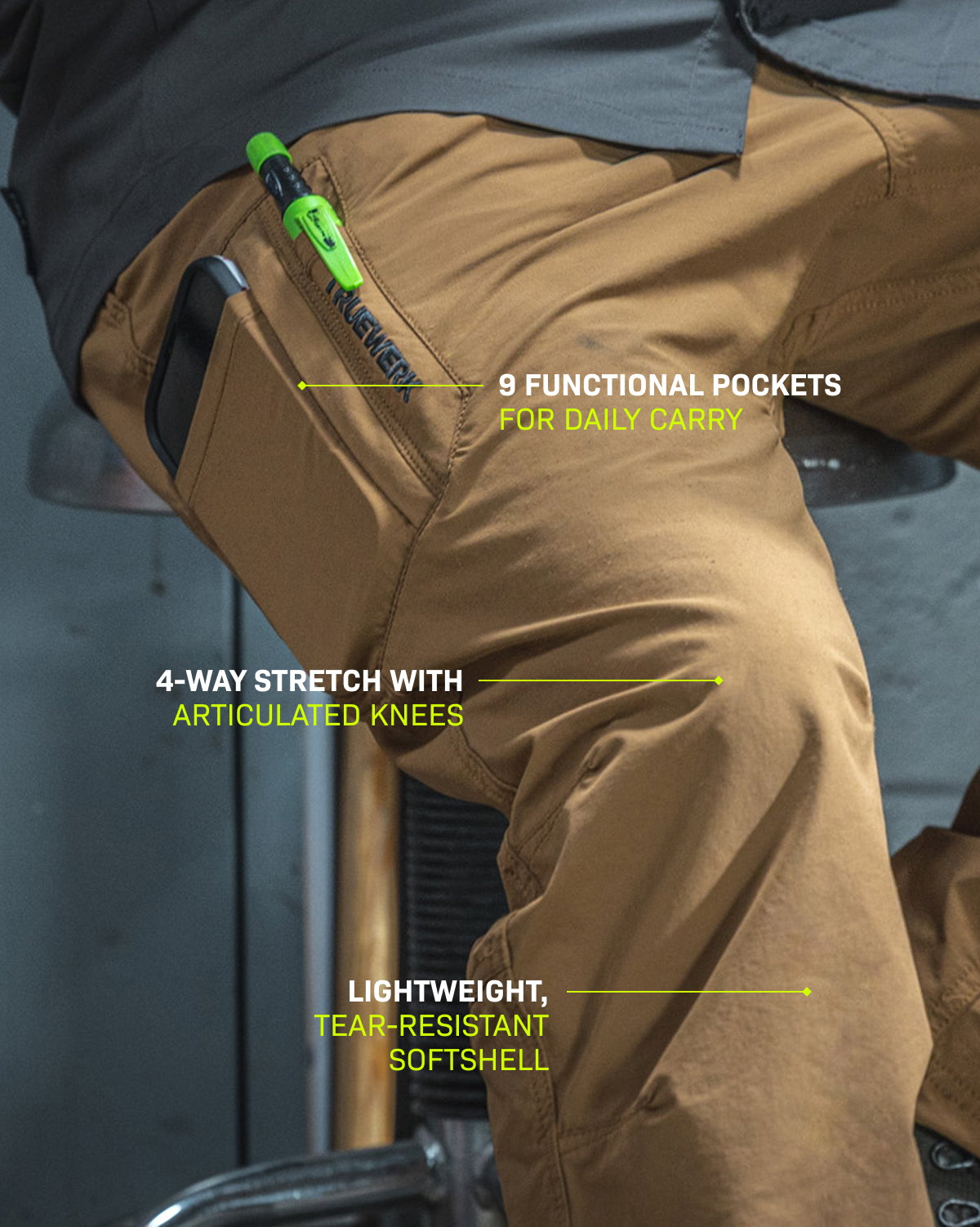 T1 WerkPant featuring: 9 Functional Pockets for Daily Carry | 4-Way Stretch with Articulated Knees | Lightweight, Tear-Resistant Softshell