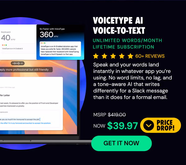 VoiceType AI Voice-to-Text: Lifetime Subscription (Unlimited Words/Month)