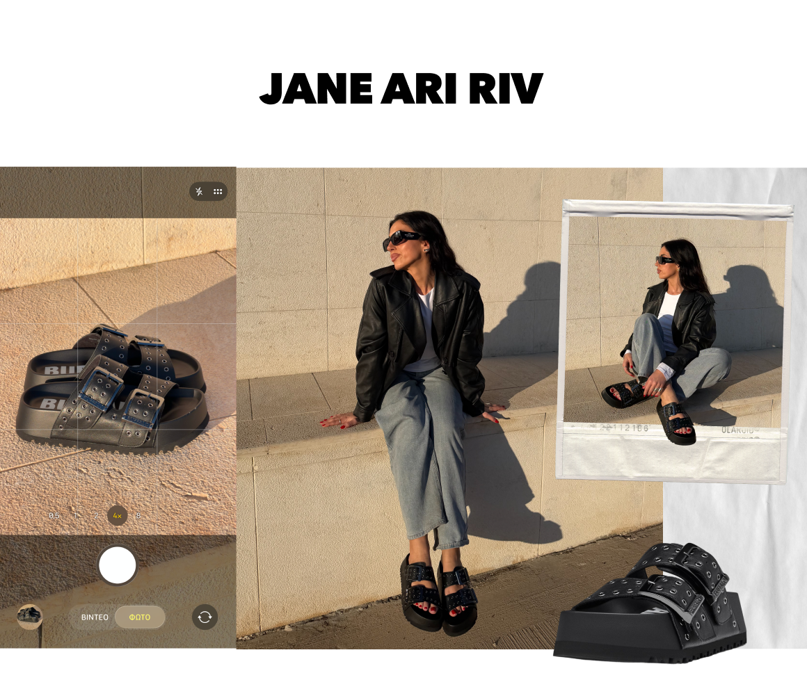 Black studded buckle sandals with chunky sole, styled in a sunlit urban setting with casual outfit.