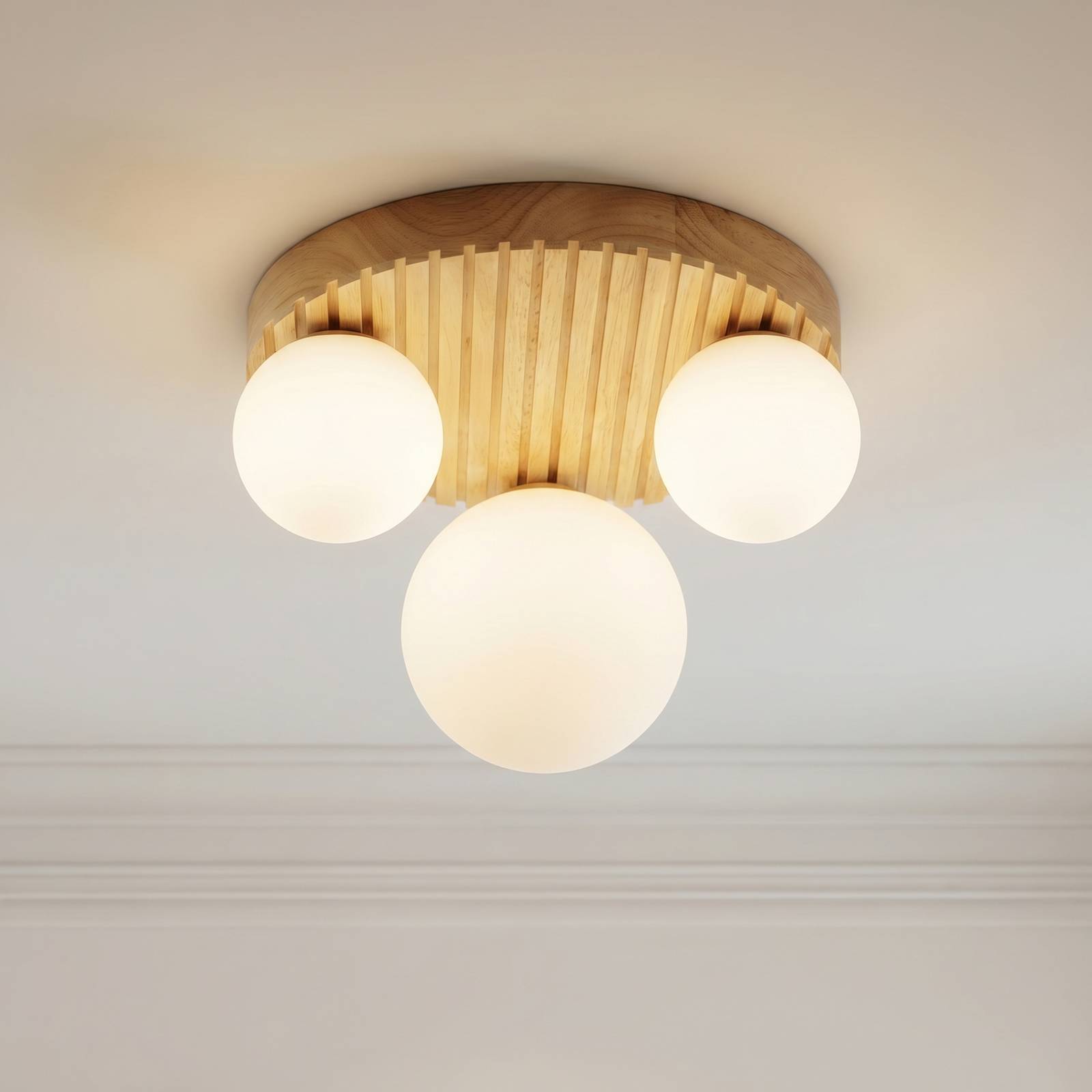 Plafón Lindby Mori, Ø34 cm, G9, natural/blanco, madera/vidrio
