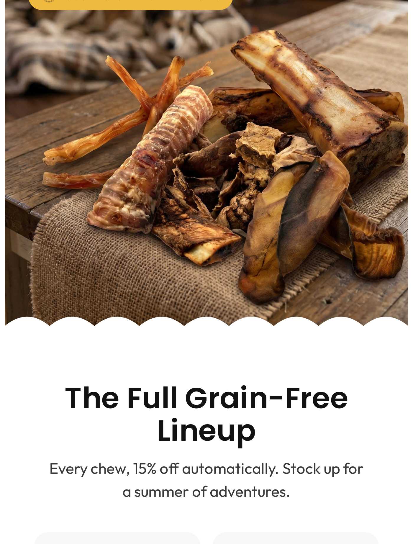 The Full Grain-Free Lineup of chews. Every chew, 15% off automatically. Shop for a summer of adventures.