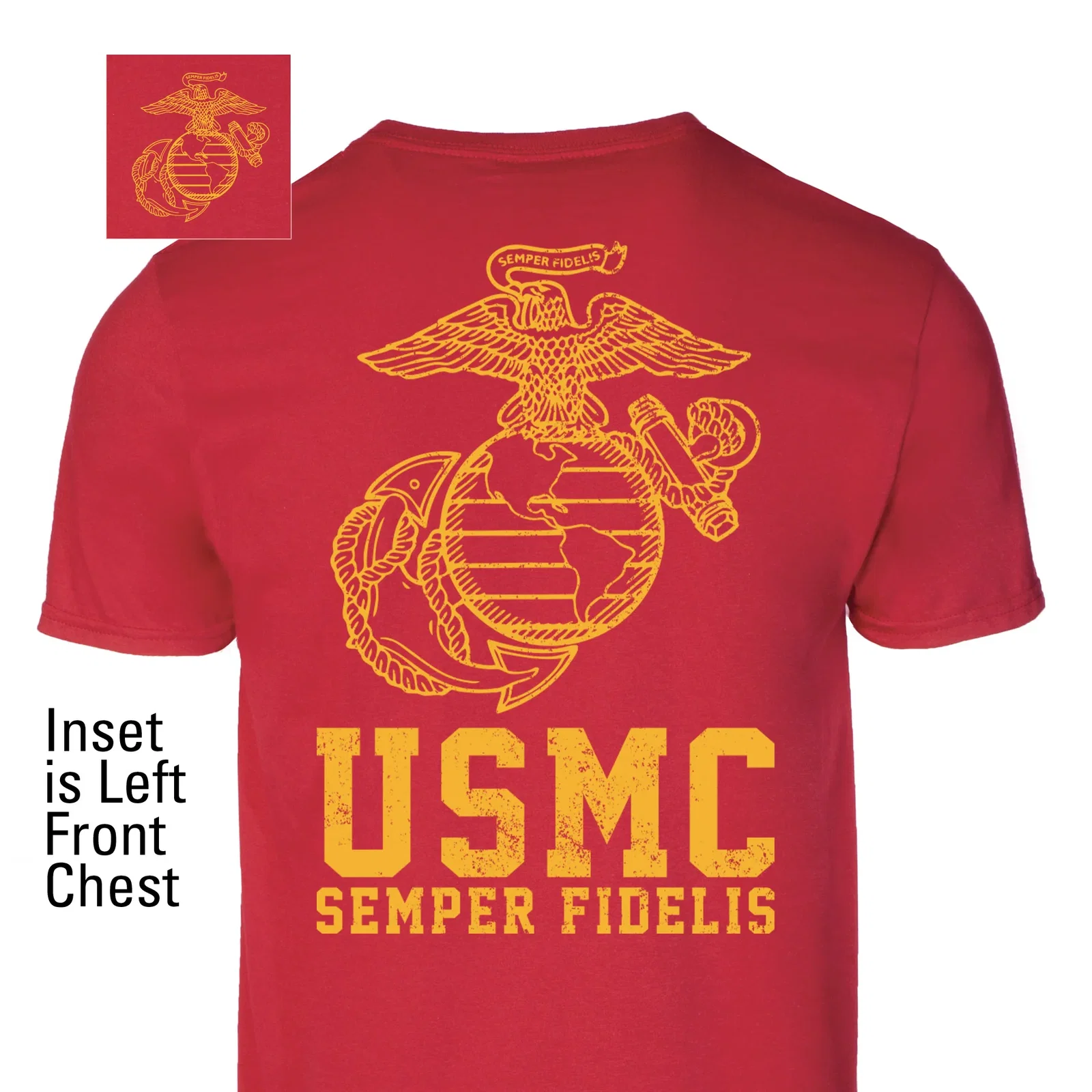 Image of USMC Semper Fidelis T-shirt Gold on Red- Back Design