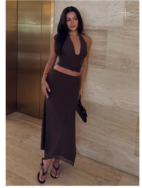 Kerrie Halter Top & Midi Skirt — Brown
