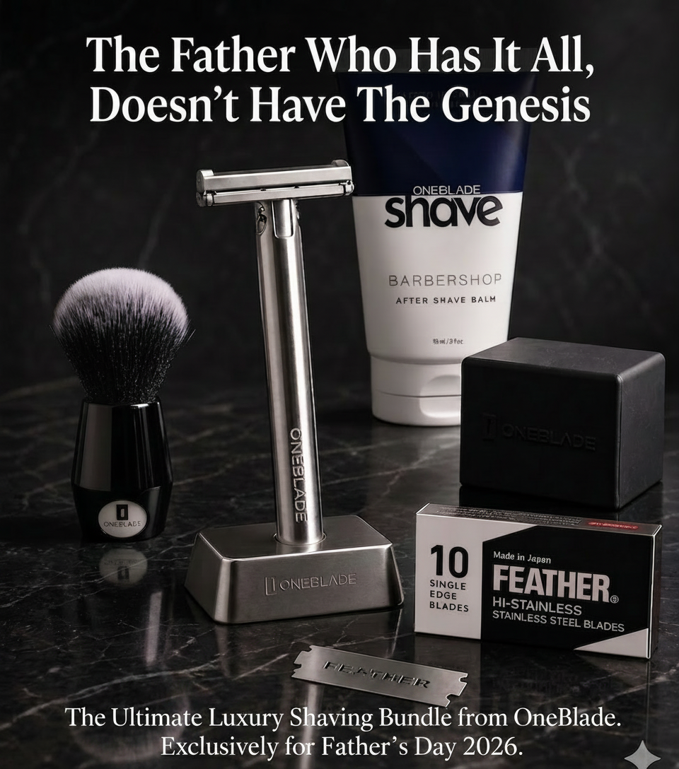 Luxury shaving bundle for Father's Day, featuring a razor, brush, balm, and blades.