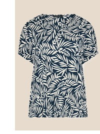 EVANS Curve Navy Blue Leaf Print Crinkle Blouse