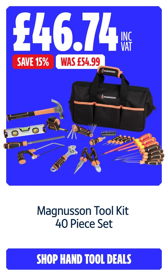 Save 15% on Magnusson Tool Kit 40 Piece Set. Now £46.74 INC VAT Was £54.99. Shop hand tool deals