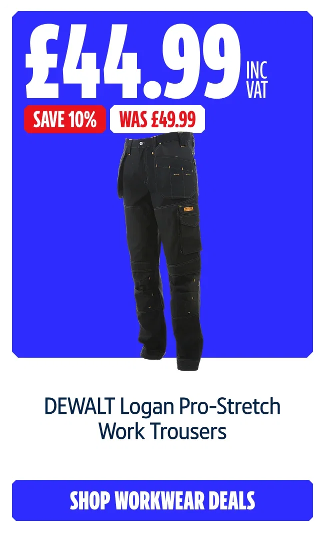 Save 10% on DEWALT Logan Pro-Stretch Work Trousers. Now £44.99 INC VAT Was £49.99. Shop workwear deals