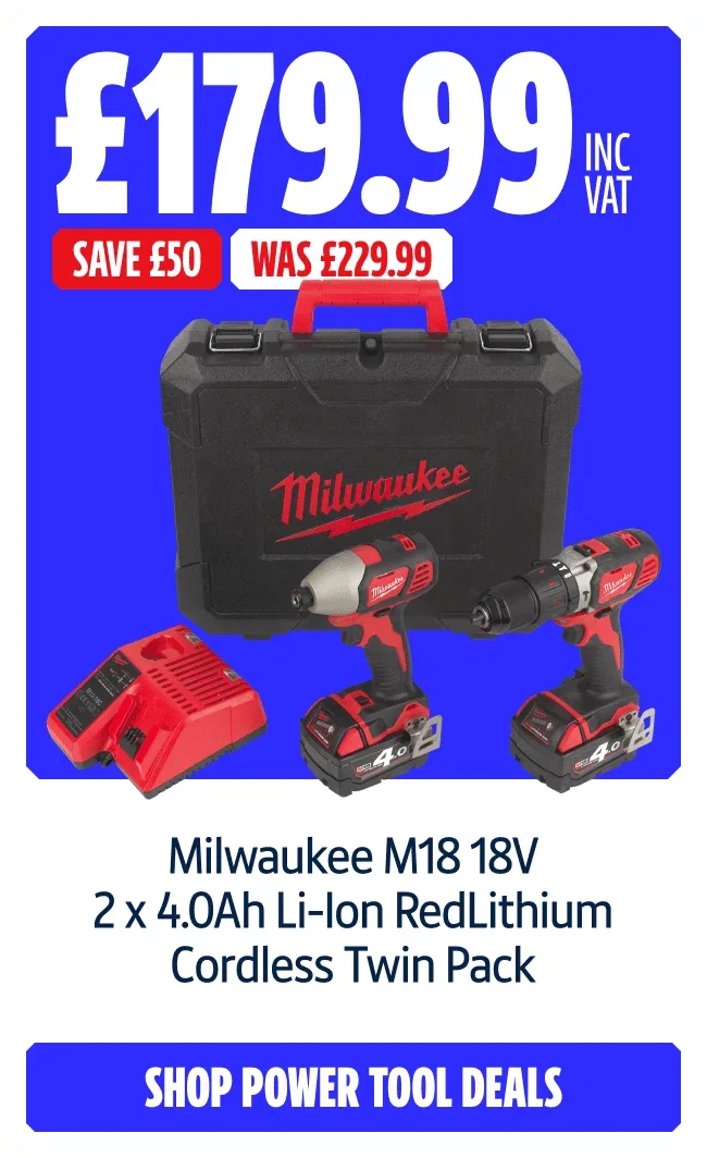 Save £50 on Milwaukee M18 18V 2 x 4.0Ah Li-Ion RedLithium Cordless Twin Pack. Now £179.99 INC VAT Was £229.99. Shop power tool deals