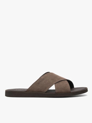 Brown suede cross-strap men's slide sandal on white background