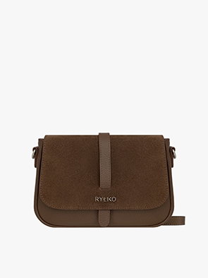 Brown leather and suede handbag with strap, featuring RYŁKO logo.