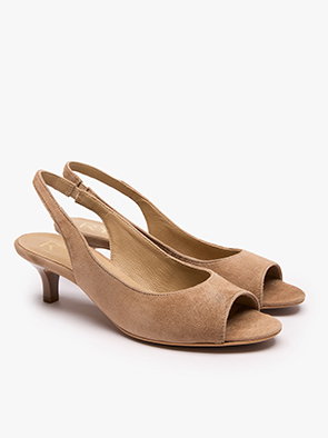 Beige suede slingback peep-toe kitten heels on white background