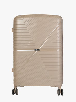 Beige hard-shell suitcase with four wheels and textured design, front view.