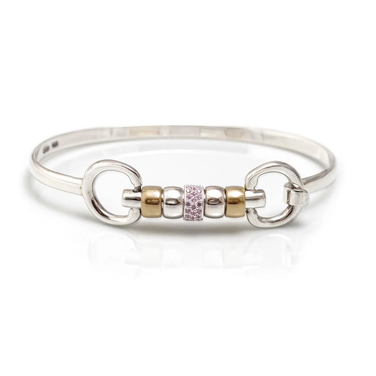 Image of Exclusive Sterling Silver & 18ct Gold Plate Cherry Roller Snaffle Bangle With Pink CZ Starlight