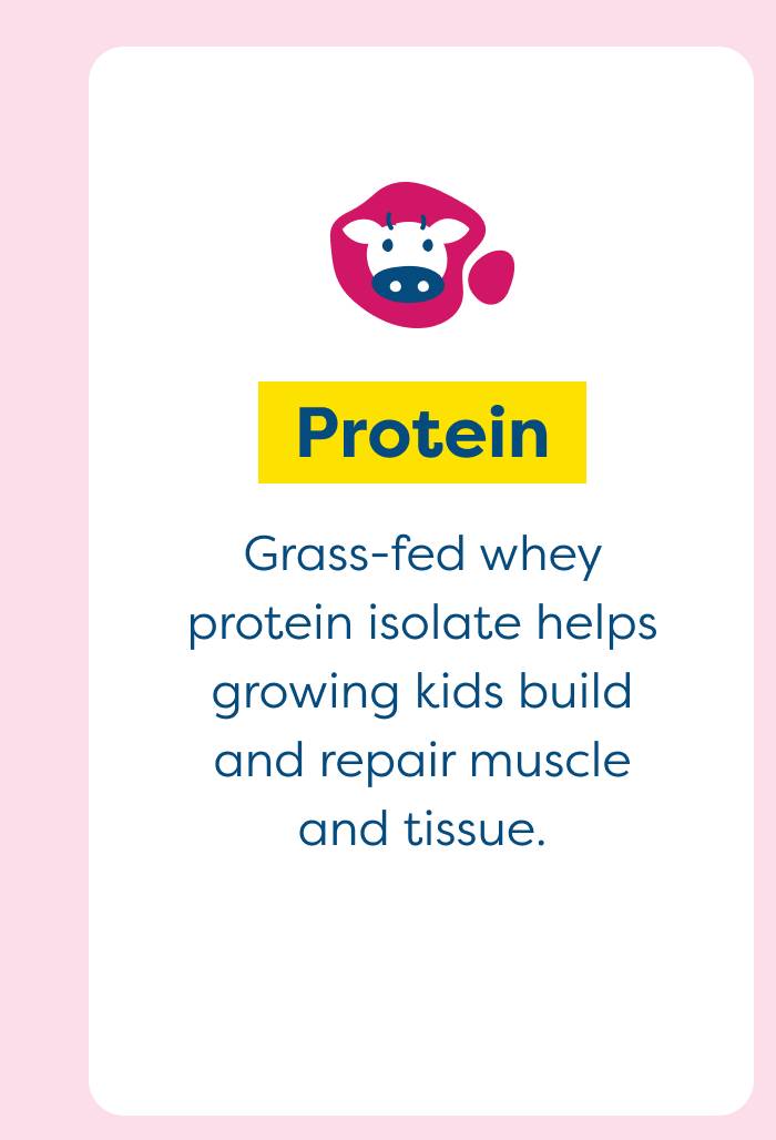 Protein - Grass-fed whey protein isolate helps! growing kids build and repair muscle and tissue.