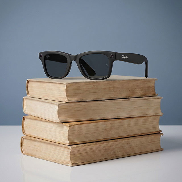 A stack of four books with black Ray Ban unglasses on top, set against a blue background.