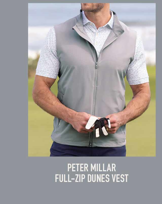 Peter Millar Full-Zip Dunes Vest in gray, worn on a golf course