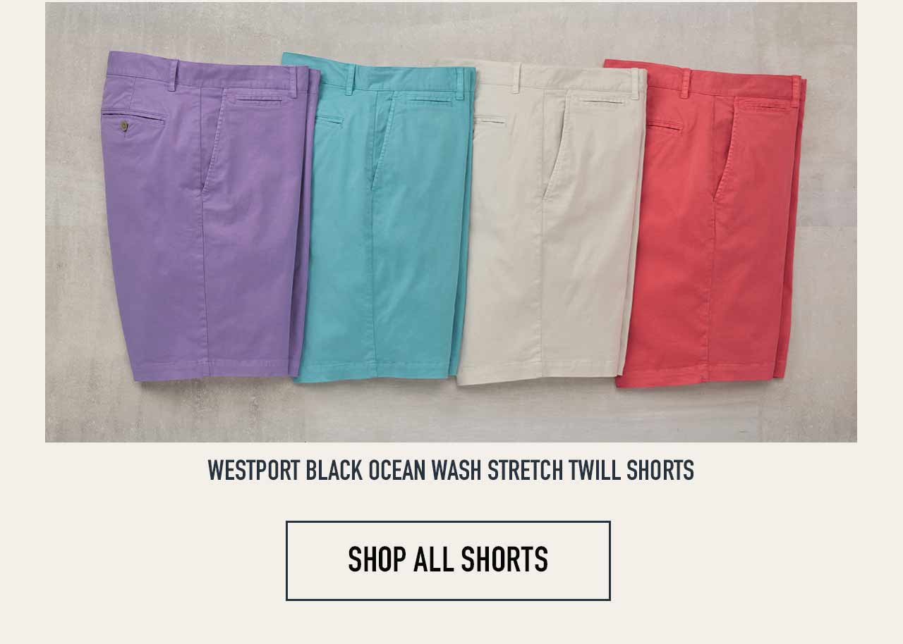 Westport Black Ocean Wash Stretch Twill Shorts in four colors — purple, teal, cream, and coral — with Shop All Shorts button
