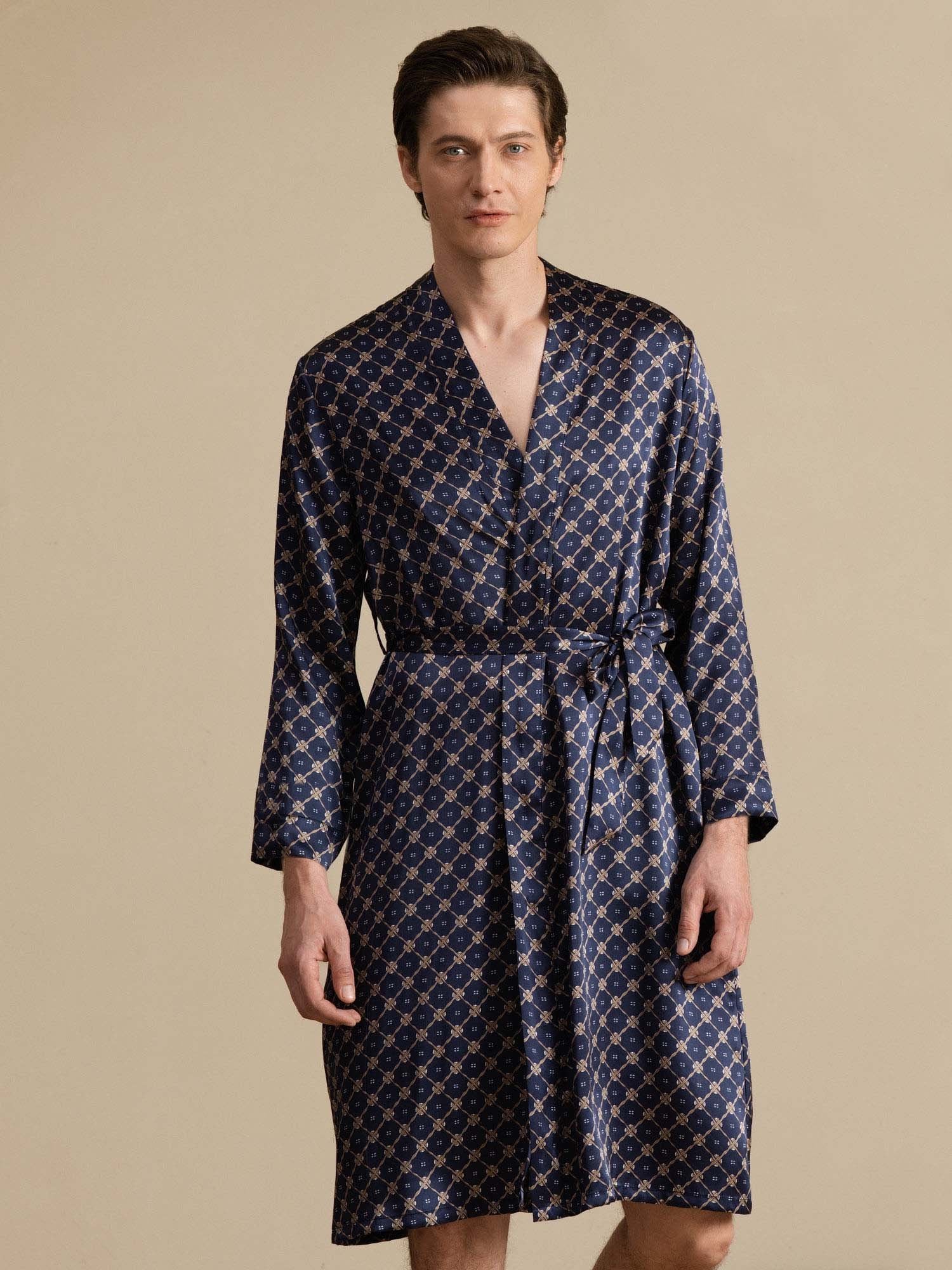 Pure Silk Men’s Knee Length Chain Printed Robe With Belted Design