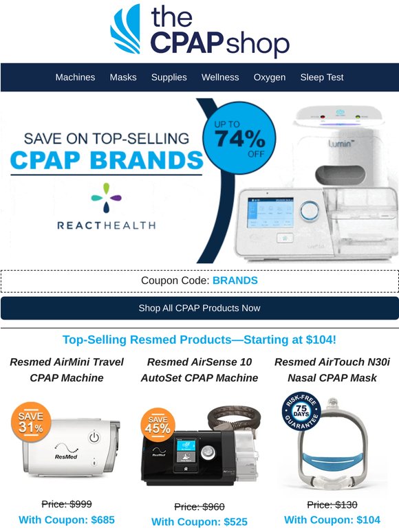 Up to 74% Off Your Favorite CPAP Brands—Machines, Masks and Supplies Included!