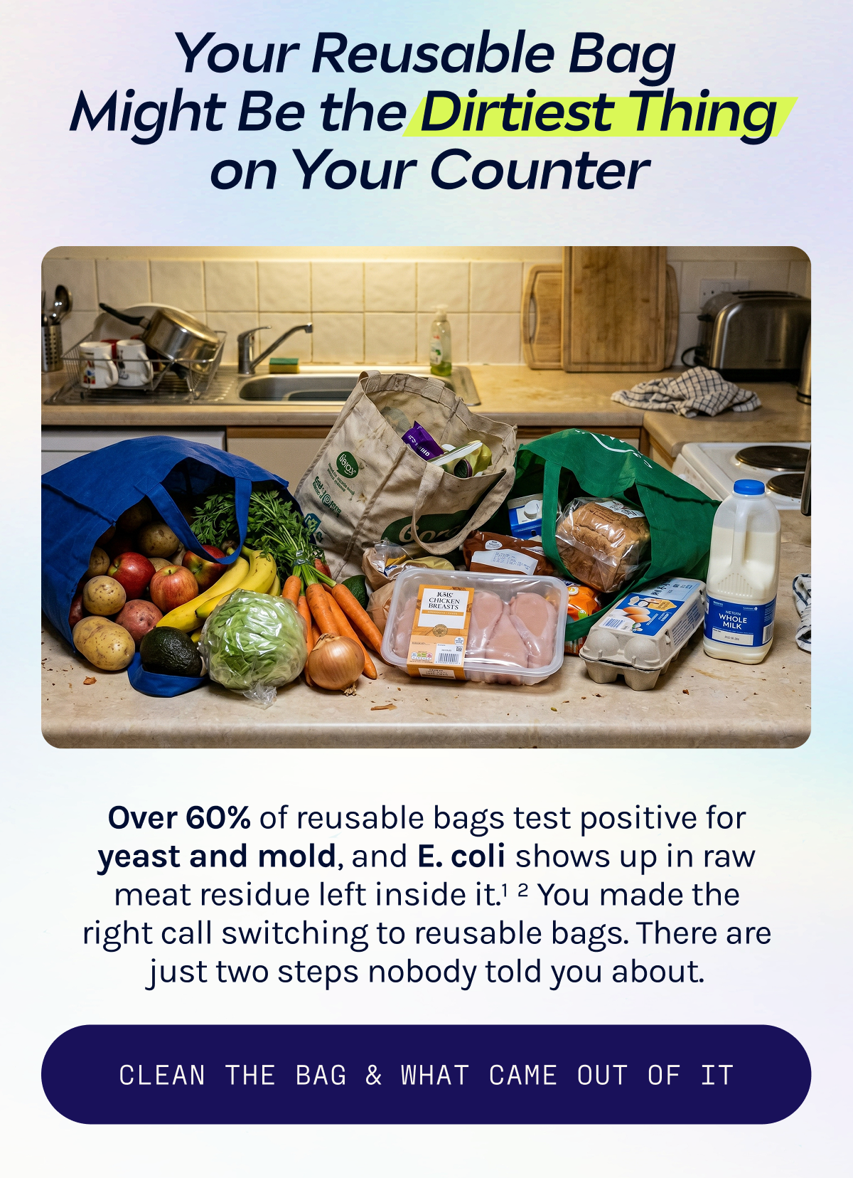 Your reusable bag might be the dirtiest thing on your counter. Clean the bag & what came out of it. 