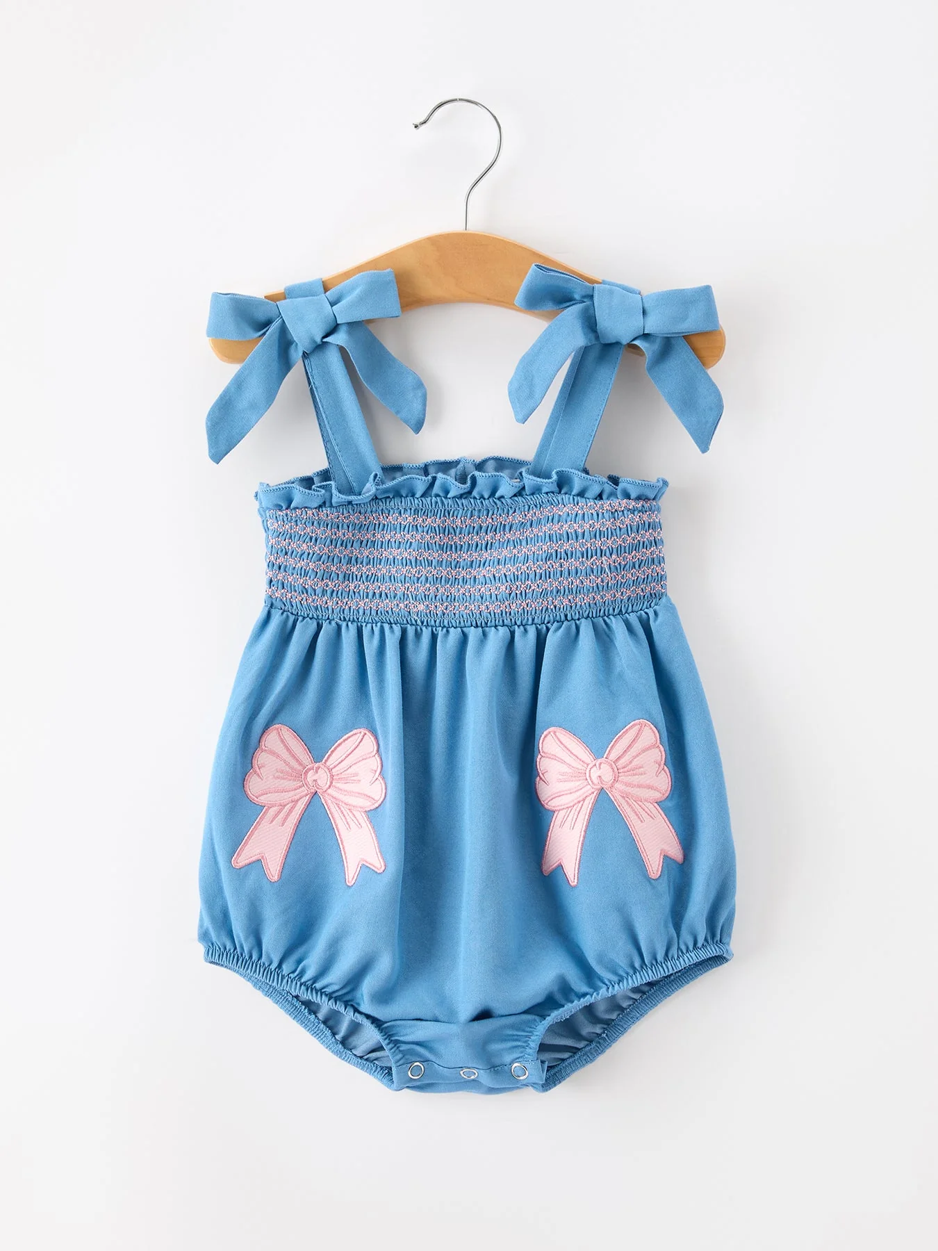 Image of Summer Bow Baby Romper Smocked Strap Bubble Bow Applique