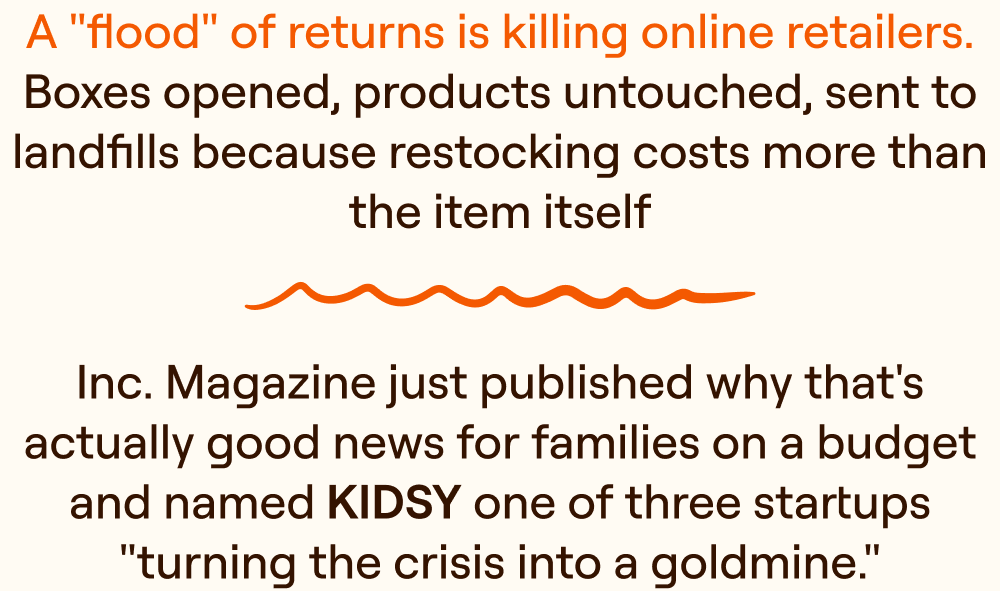 A flood of returns is killing online retailers. Boxes opened, products untouched, sent to landfills because restocking costs more than the item. Inc. Magazine just published why that's good news for families on a budget, and named Kidsy one of three startups turning the crisis into a goldmine.