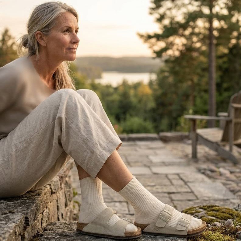 Kvinna i utomhusmiljö som bär XOCORE-sandaler