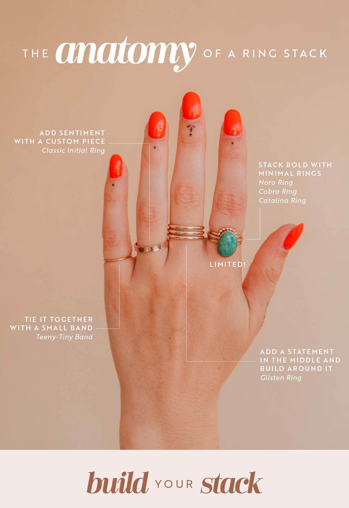 Build your ring stack by mixing textures, minimal bands, and pops of color. Start building >