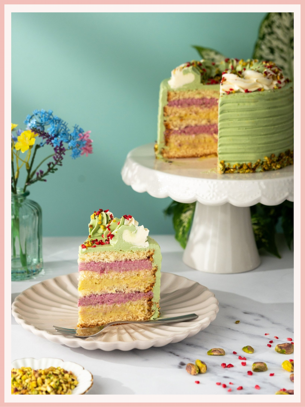 Pistachio and Raspberry Delight Cake