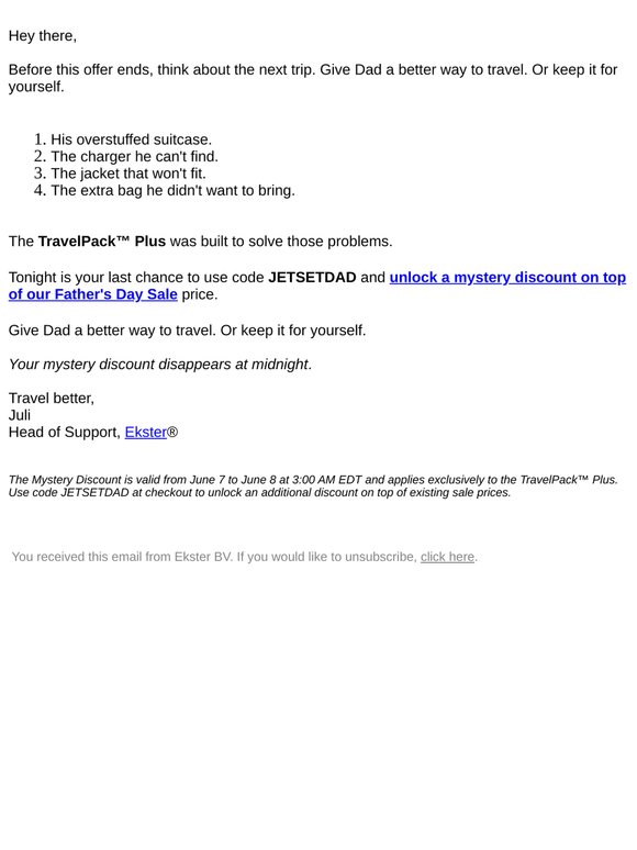 LAST CHANCE: Mystery discount on TravelPack™ Plus