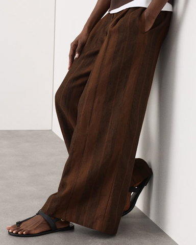 Autograph Pure Flax Linen Striped Wide Leg Trousers in Brown Mix