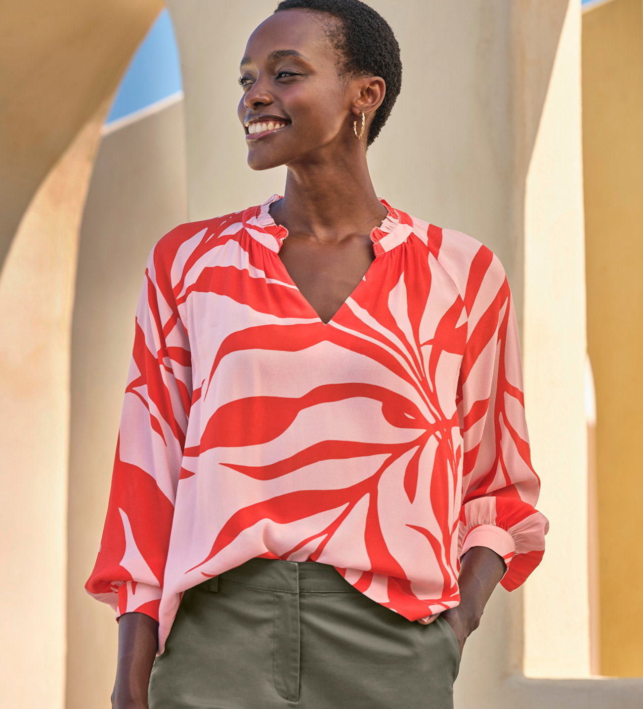 Ruffle Edge Notch Blouse