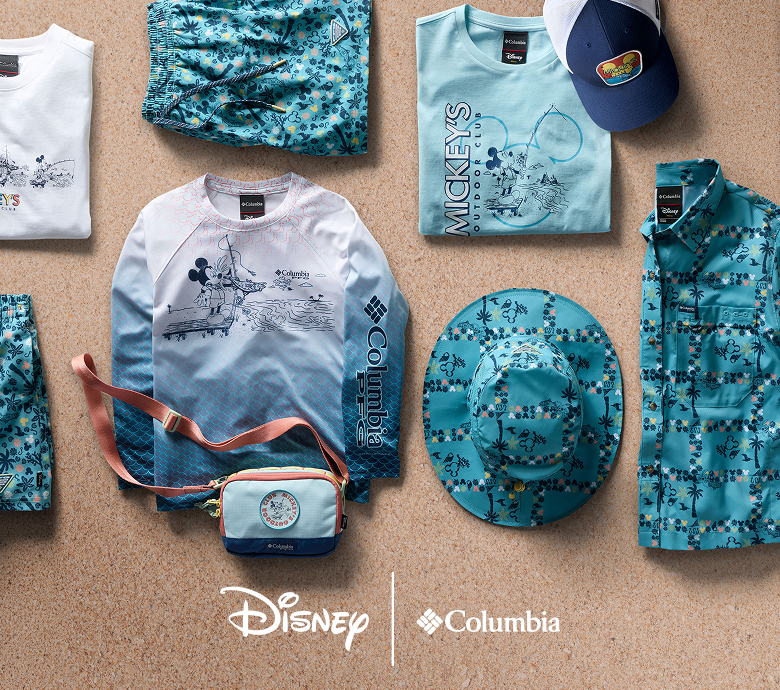 Flatlay of Disney gear with Mickey Mouse prints on a sandy background with the Disney and Columbia logo at the bottom.
