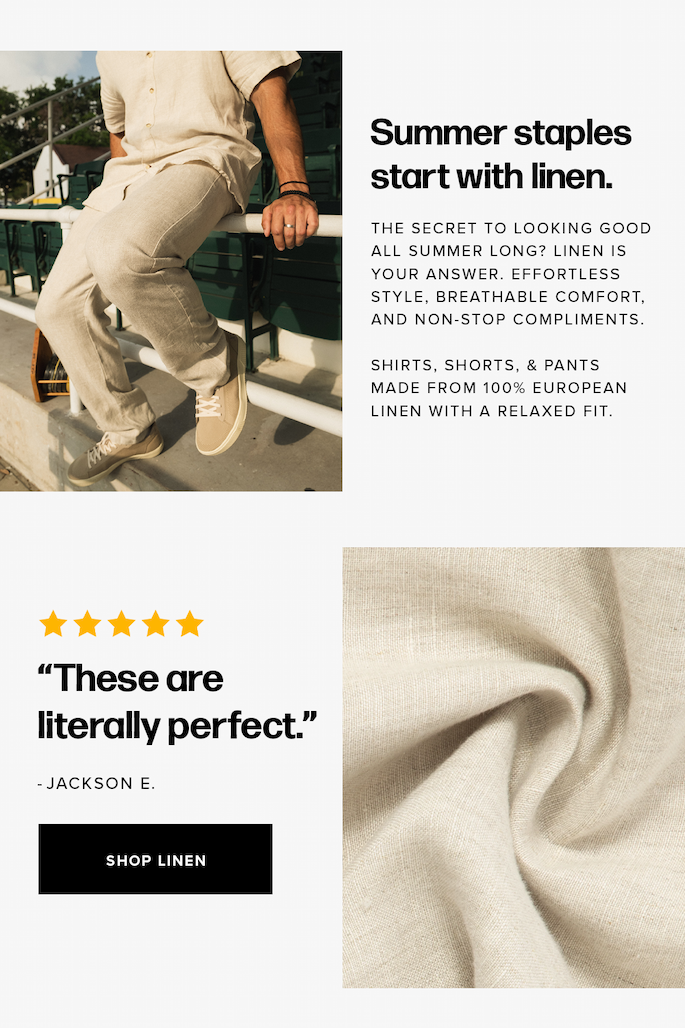 Top: A man sits on a railing wearing a beige linen shirt, matching pants, and sneakers. Bottom: Close-up of textured beige fabric next to text and five yellow stars. Text reads: 'Summer staples start with linen... Shop Linen.'
