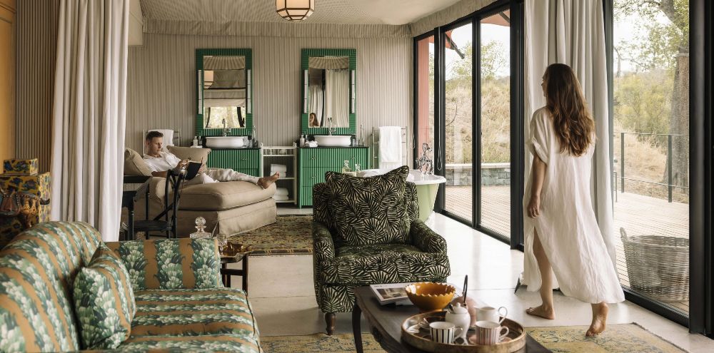 Guests enjoying the beautifully designed Masiya’s Camp suite at Royal Malewane