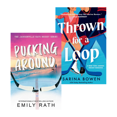 Book Outlet graphic featuring hockey romance novels Pucking Around and Thrown for a Loop.