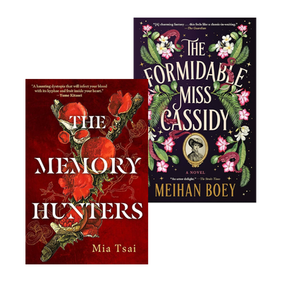 Book Outlet graphic featuring fantasy novels The Memory Hunters and The Formidable Miss Cassidy.
