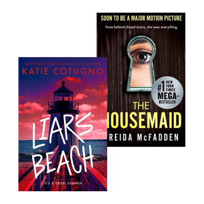 Book Outlet graphic featuring thriller and suspense novels Liar’s Beach and The Housemaid.