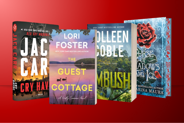 Book Outlet graphic featuring fiction and mystery titles including Cry Havoc, The Guest Cottage, Ambush, and A Curse of Shadows and Ice.