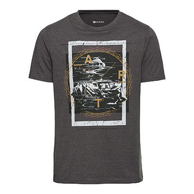 T-Shirt, Dunkelblau, Aufdruck mit Schriftzug und Palmenmotiv, Vorderansicht