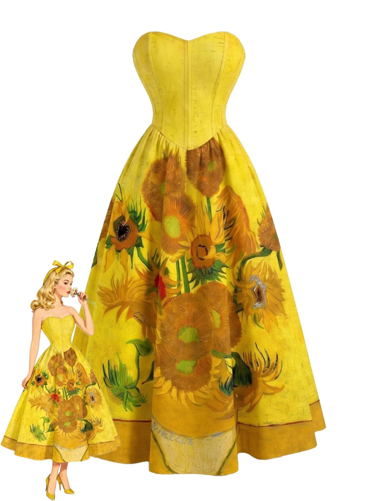 [Pre-Sale] Yellow 1950s Strapless Sunflower Print Swing Dress